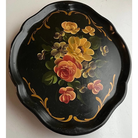Handpainted Toleware Tray with Beautiful Yellow Blooms - Picture 2 of 10